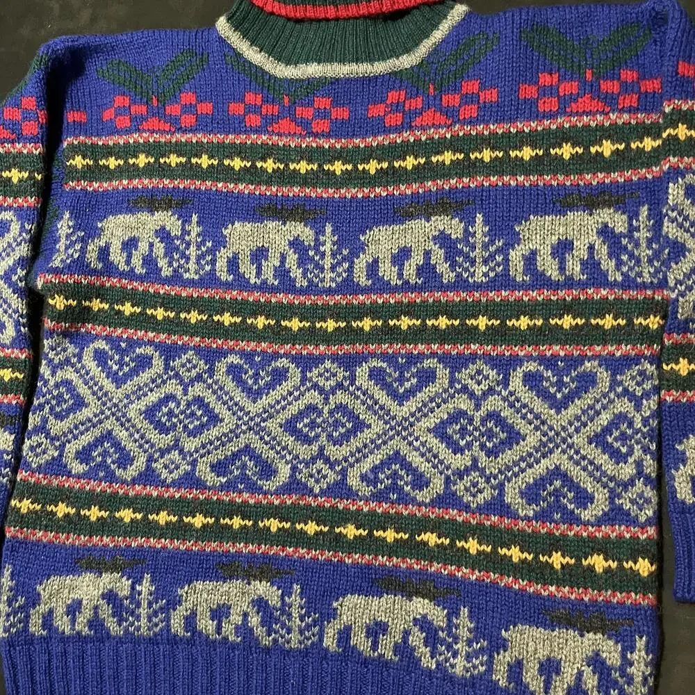 Vintage Eddie Bauer Moose Sweater Knit Wool Turtleneck Fair Isle 90s Lopapeysa